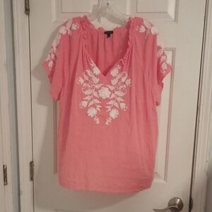Talbots Pink Blouse with White Floral Embroidery